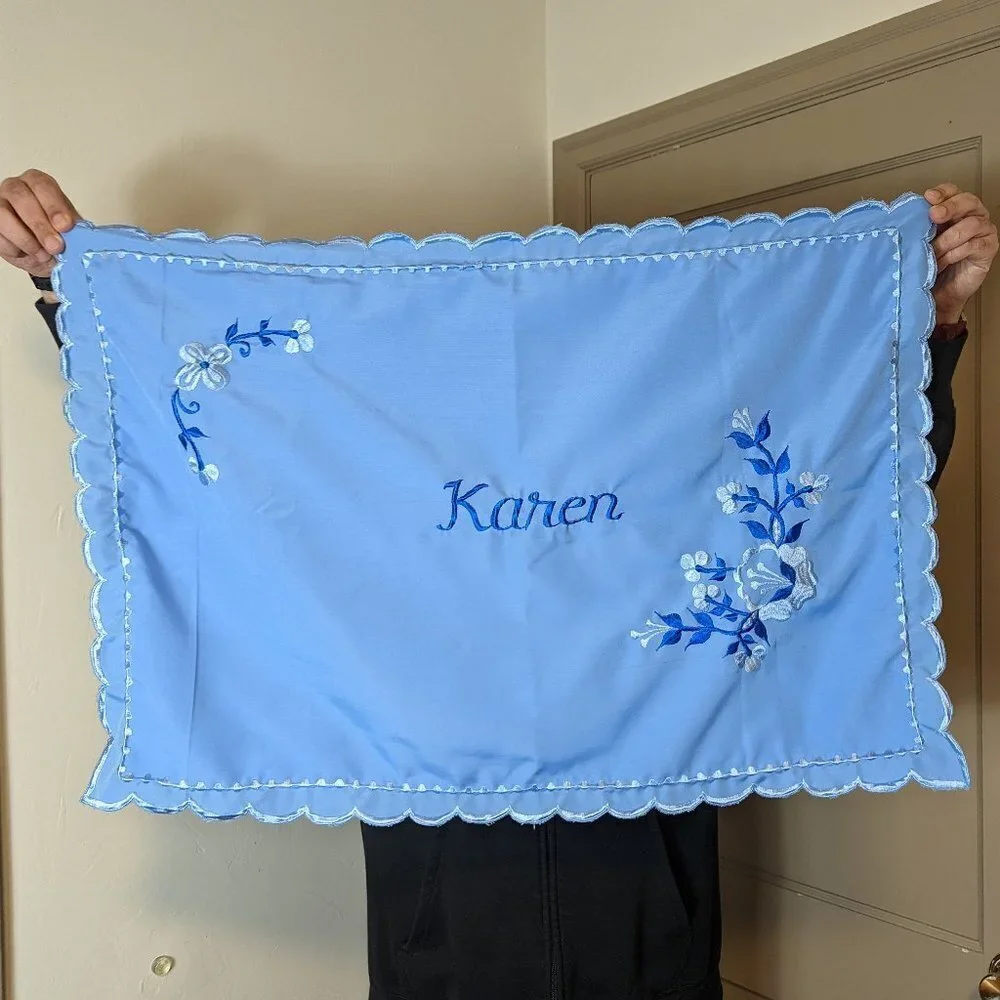 Vintage “Karen” Embroidered Pillow Case Sham‎ Funny Gift Joke Custom Blue